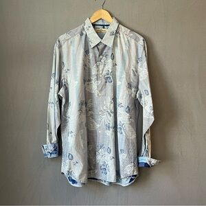Tommy Bahama Blue Floral Button Shirt L Cotton Silk